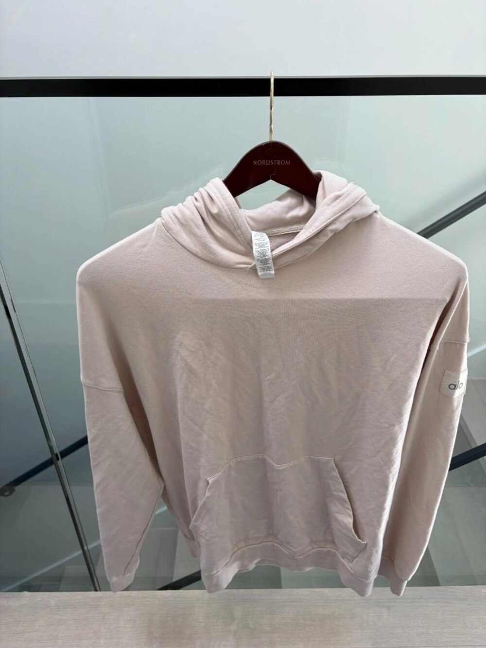 Alo Pullover Hoodie Small Beige Kangaroo Pocket Modal Cotton Blend